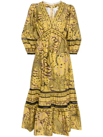 Marchesa Rosa Flying Cheetah Tiered Midi Dress In Yellow