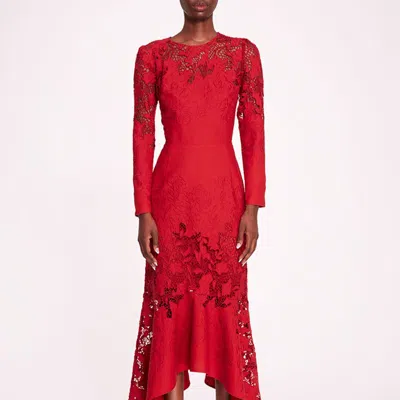 Marchesa Rosa Linen Lace Maxi Dress In Red