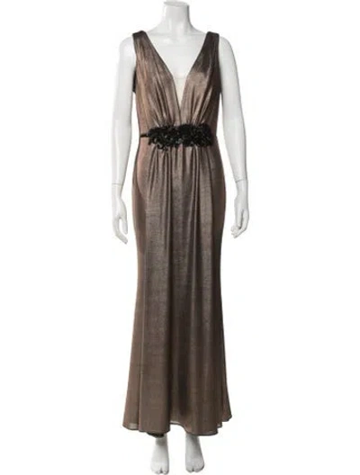 Pre-owned Marchesa Rosa Plunge Neckline Long Dress In Brown