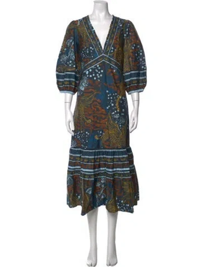 Pre-owned Marchesa Rosa Printed Midi Length Dress W/ Tags In Blue
