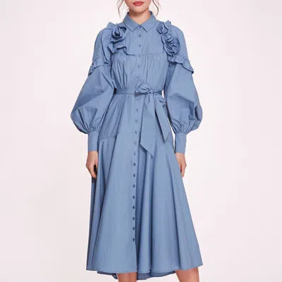 Marchesa Rosa Rosette Ruffle Midi Dress In Blue