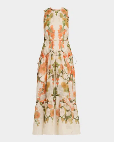 Marchesa Rosa Tiered Floral-print Ramie Maxi Dress In Coral Multi