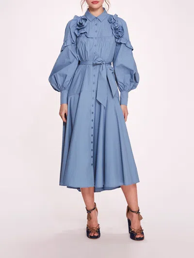 Marchesa Rosette Ruffle Midi Dress In Denim Blue