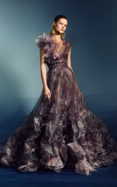 Marchesa Ruffled Organza Ball Gown In Multi