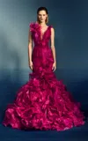 Marchesa Ruffled Organza Mermaid Gown In Fuchsia
