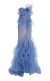 Marchesa Strapless Pebble Ruffled Gown In Blue