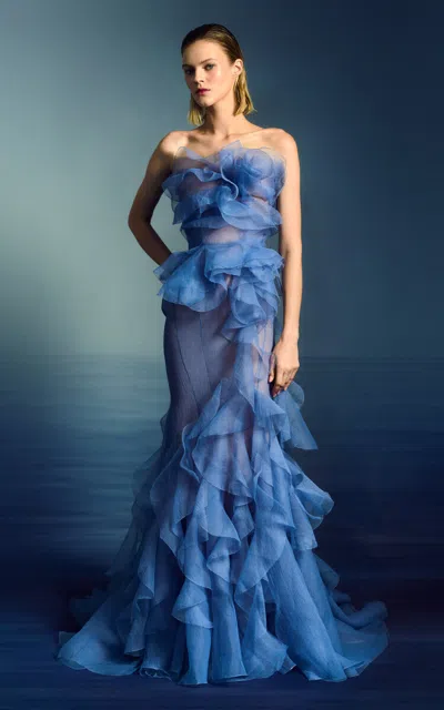 Wedding Gown Marchesa Blue Floral Dress Marchesa Ruffled Organza Strapless  Gown In Blue ModeSens