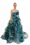 Marchesa Ruffled Textured Gown In Turquoise