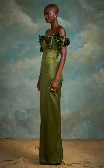 Marchesa Satin Off-shoulder Puff Sleeve Maxi Dress In Green