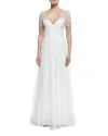 Marchesa Sequin Lace Tulle Pleated A Line Wedding Dress In White In White
