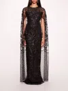 Marchesa Sequin Lattice Cape Gown In Black