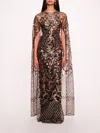 Marchesa Sequin Lattice Cape Gown In Black Gold