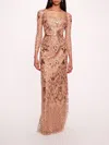 Marchesa Sequin Lattice Sleeved Gown In Nude Gold