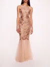 Marchesa Sequin Lattice Strapless Gown In Nude Gold