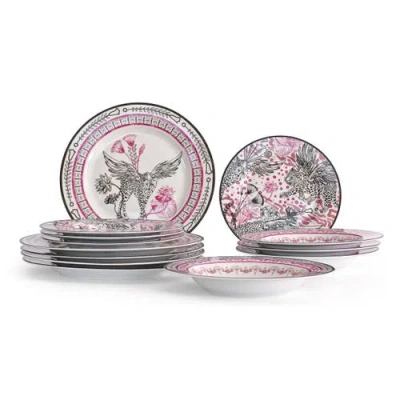Marchesa Serengeti Porcelain 12-piece Dinnerware Set, Multicolored In Pink