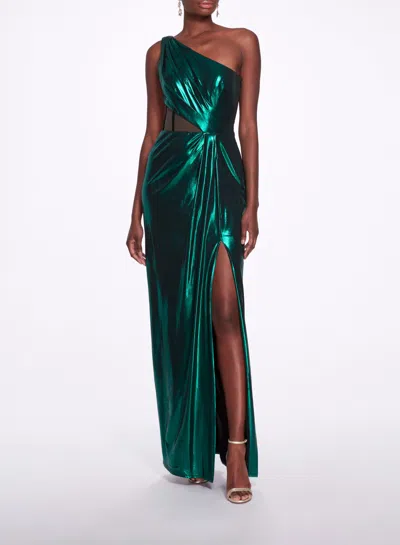 Marchesa Side Cut-out Foiled Gown In Emerald