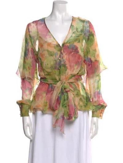 Pre-owned Marchesa Silk Floral Print Blouse In Neutral