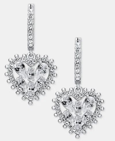 Marchesa Silver-tone Cubic Zirconia And Crystal Heart Hoop Drop Earrings In White