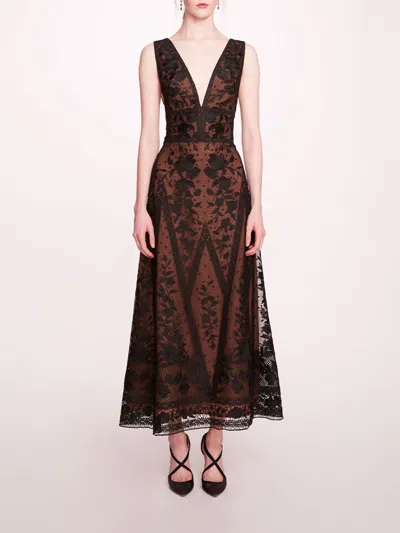 Marchesa Spear Garden Midi Dress In Black