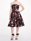 MARCHESA STRAPLESS FLORAL TEA LENGTH GOWN IN BLACK