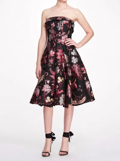 Marchesa Strapless Floral Tea Length Gown In Black In Multi