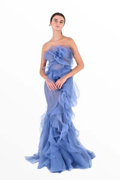 Marchesa Strapless Pebble Ruffled Gown In Multi