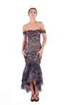 MARCHESA TEXTURED OFF SHOULDER DRESS