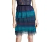 Marchesa Tiered Ruffle Short Sleeve Cocktail Dress With Tie In Blues In Multi