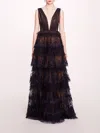 Marchesa Tiered Terrarium V-neck Gown In Midnight