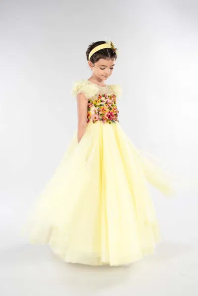 Marchesa Kids' Tulle Gown With Multicolor Flower Embroidery In Yellow