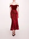 Marchesa Velvet Cutwork Midi Dress In Burgundy