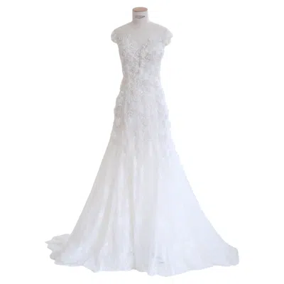 Pre-owned Marchesa Vintage White Sheer Corset Tulle Floral Beaded Wedding Train Dress Gown