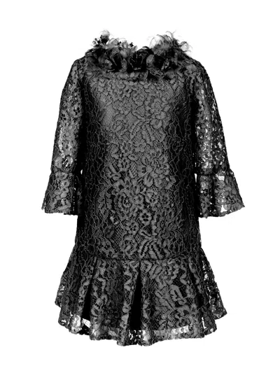 Marchesa Kids' Volant-embroidered Lace Dress In Black
