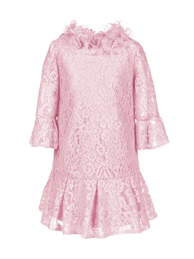 Marchesa Kids' Volant-embroidered Lace Dress In Pink
