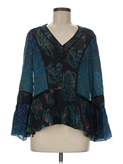 Pre-owned Marchesa Voyage 3/4 Sleeve Silk Top Teal Plunge Neckline Tops
