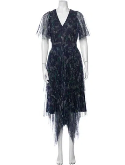 Pre-owned Marchesa Voyage Floral Print Long Dress In Blue