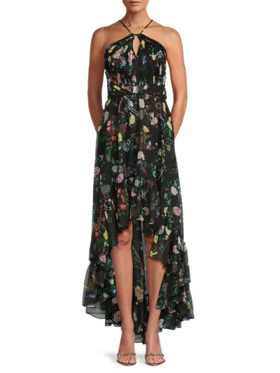 Marchesa Women's Floral Keyhole High Low Maxi Dress In Black Combo