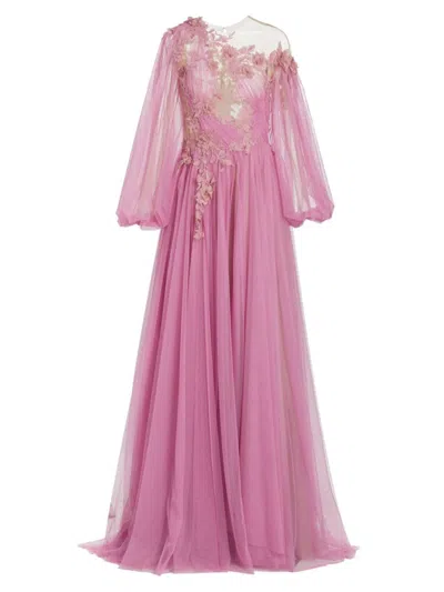 Marchesa Women's Greecian Tulle Floral Appliqué Gown In Rose