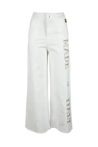 Marçi By Gil Santucci Cropped White Wide-leg Trousers With Emblazoned Detail