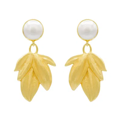 Marcia Moran Women's Gold / White Ayanna Leaf Earrings In Pearl