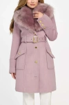 Marciano Alice Belted Coat With Removable Faux Fur Collar In Purple