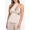 Marciano Aretha Twist Front Satin Halter Top In Silver