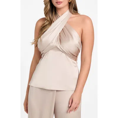 Marciano Aretha Twist Front Satin Halter Top In Silver