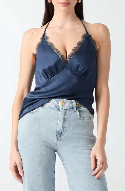 Marciano Atena Lace Trim Satin Top In Blue