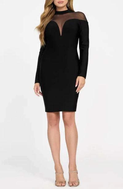 Marciano Diana Illusion Lace Detail Long Sleeve Body-con Minidress In Black