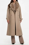 Marciano Ella Faux Fur Collar Double Breasted Coat In Brown