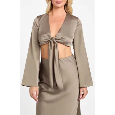 Marciano Monica Tie Front Satin Crop Top In Brown