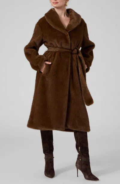 Marciano Monique Faux Fur Belted Coat In Open Brown