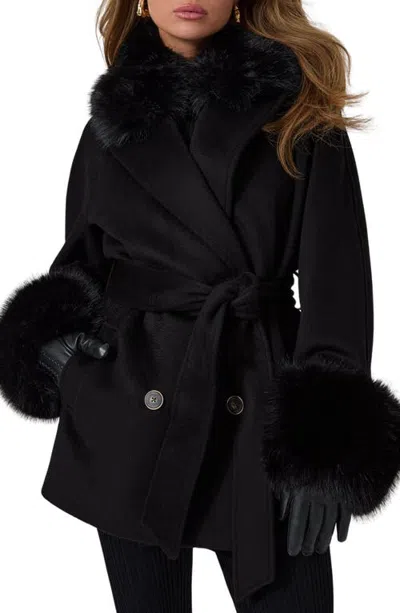 Marciano Sophy Wool Double Breasted Coat With Faux Fur Trim In Black