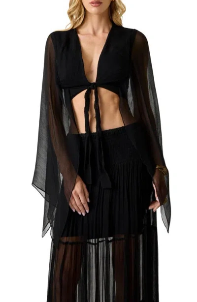 Marciano Tamia Long Sleeve Crinkle Chiffon Top In Black